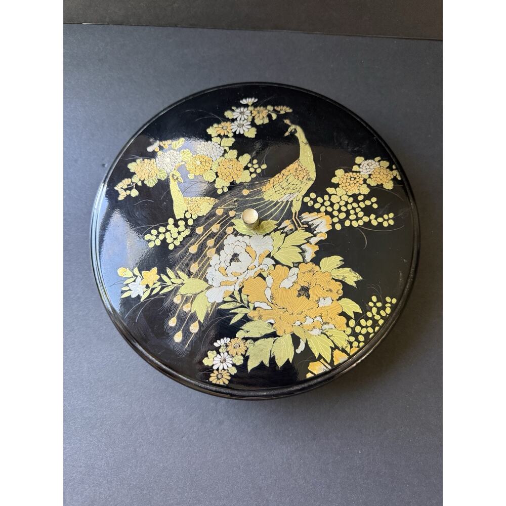 Vintage Otagiri Japan Hand Painted Lacquer Serving Tray Dish Black Peacock Asian